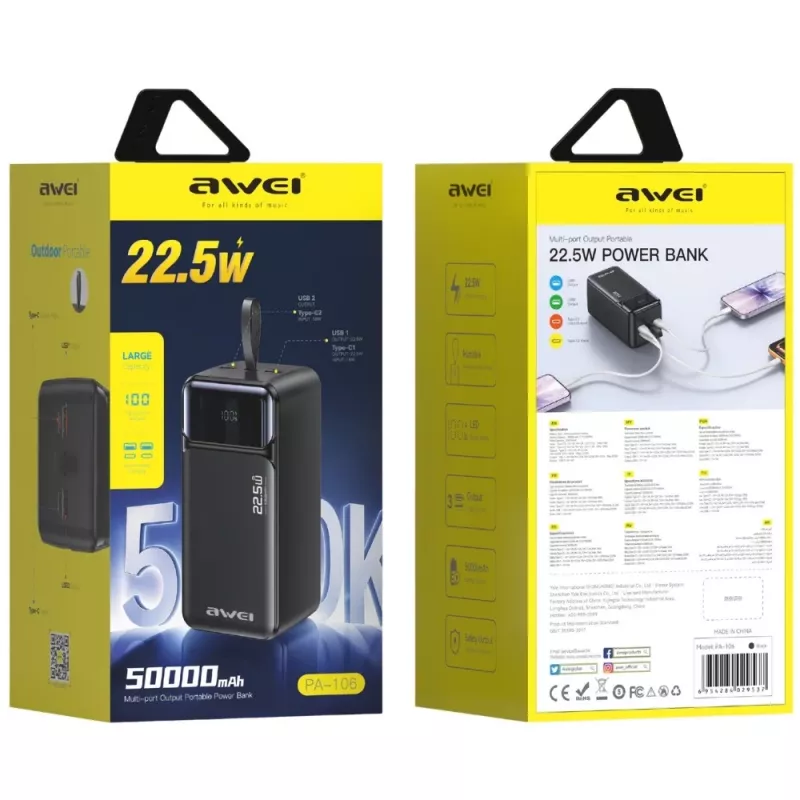 AWEI PA-106 powerbank 50000mAh 22.5W PD 3xUSB-C zwart