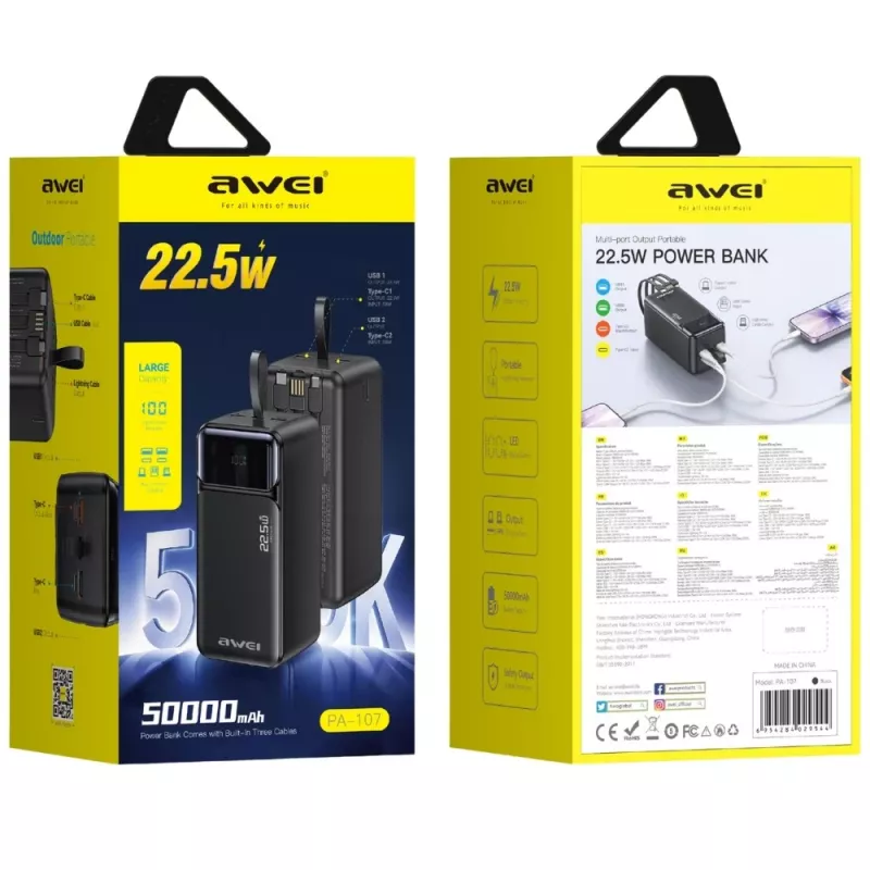 AWEI PA-107 powerbank 50000mAh 22.5W PD 3xUSB zwart