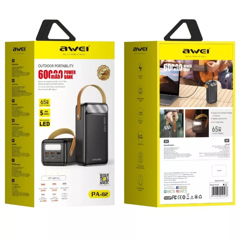 AWEI PA-82 powerbank 60000mAh 65W PD 2xUSB-A/USB-C zwart