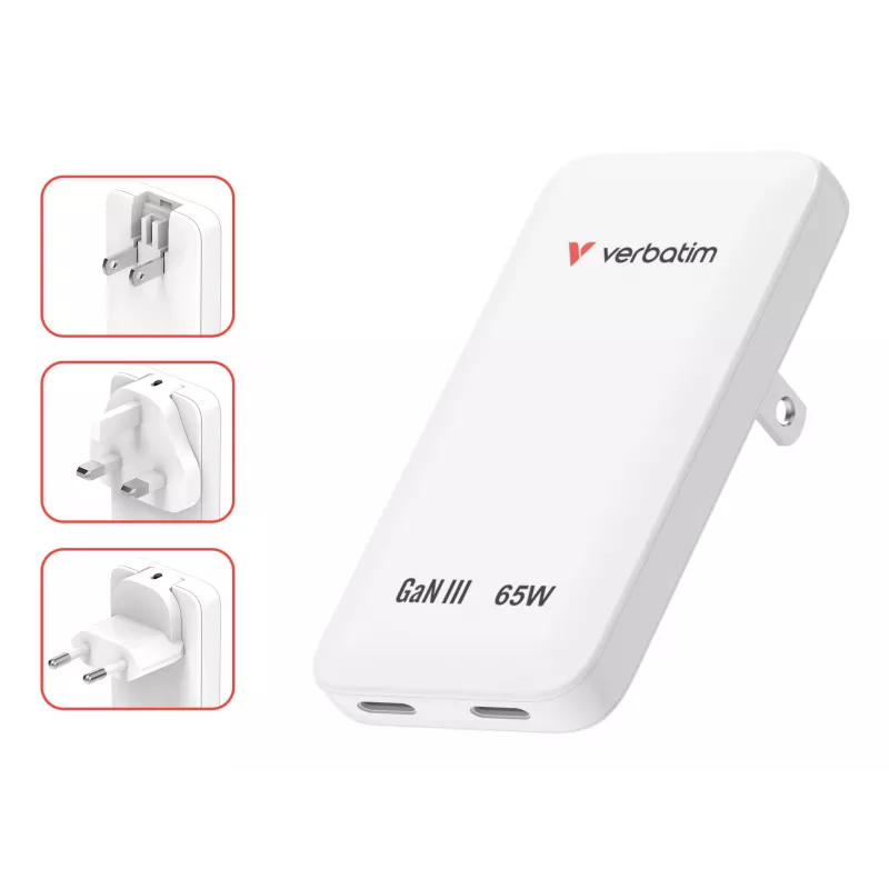 Verbatim Slim GaN-oplader 2 poorten 65W (EU/UK/US) wit
