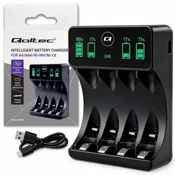 Qoltec 50968 NiMH-batterijlader voor AA/AAA met lcd en USB-C-kabel, zwart