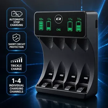 Qoltec 50968 NiMH-batterijlader voor AA/AAA met lcd en USB-C-kabel, zwart