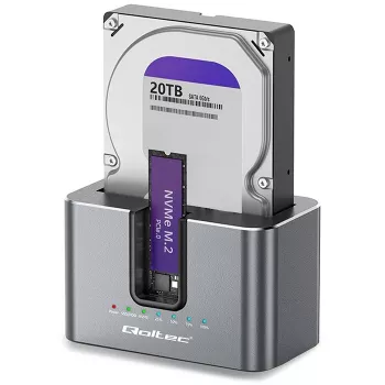 Qoltec 2in1 HDD SSD dockingstation SATA M.2 NVMe met kloonfunctie, USB-C 3.2 Gen 2, 10Gbps, tot 28TB, aluminium