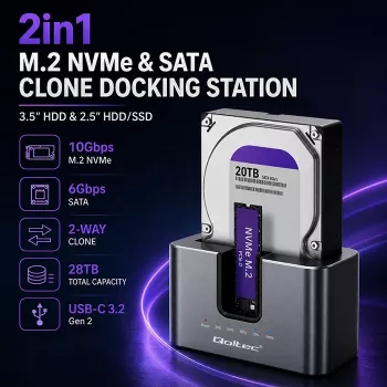 Qoltec 2in1 HDD SSD dockingstation SATA M.2 NVMe met kloonfunctie, USB-C 3.2 Gen 2, 10Gbps, tot 28TB, aluminium