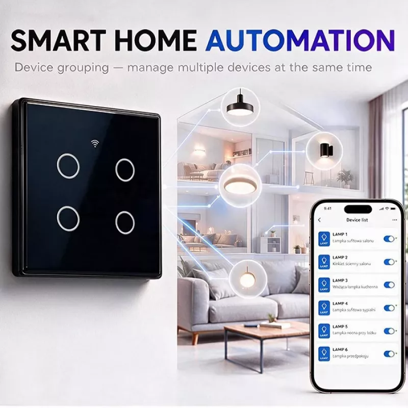 Qoltec Smart Touch lichtschakelaar 4-voudig Wi-Fi timer Tuya | gehard glas | wit