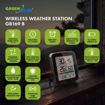 GREENBLUE GB169 B draadloos weerstation met kleurendisplay en buitensensor