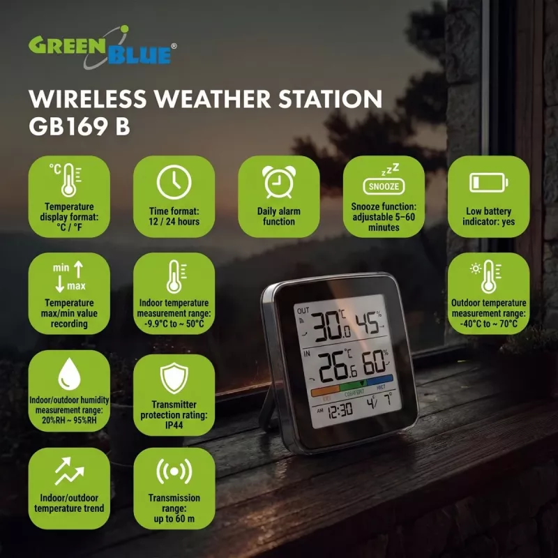 GREENBLUE GB169 B draadloos weerstation met kleurendisplay en buitensensor