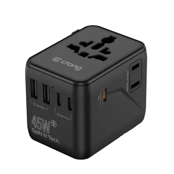 Crong One World reisadapter GaN 45W UK/EU/US/AU zwart