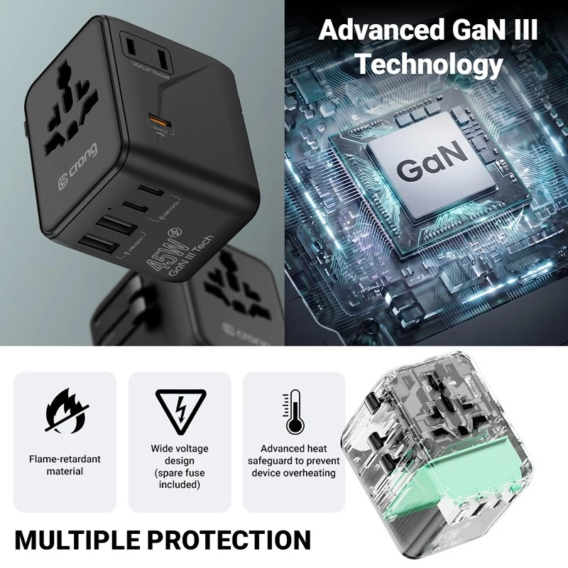 Crong One World reisadapter GaN 45W UK/EU/US/AU wit
