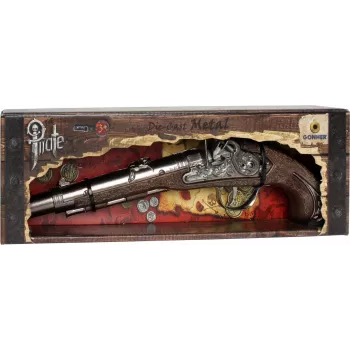 PULIO Gonher metalen piratenpistool speelgoedpistool, spuitgietmetaal & kunststof, 8-schots ringcaps, zwart/grijs met bruine greep, vanaf 8 jaar