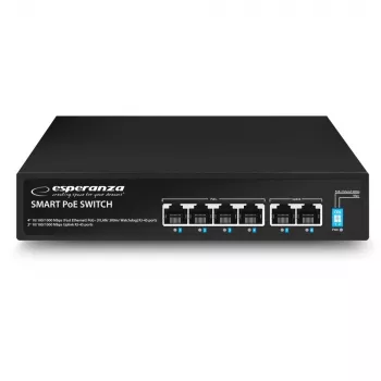 ESPERANZA 6-poorts PoE+ Gigabit switch 65W GOLIATH (4 PoE+ poorten, 2 uplinks, 12 Gbps, ventilatorloos metaal)