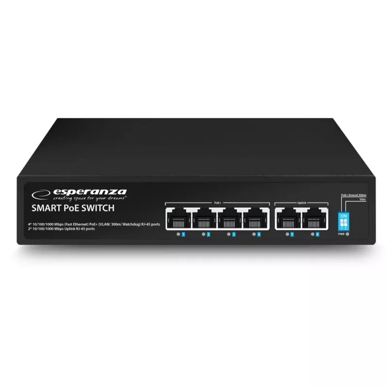 ESPERANZA 6-poorts PoE+ Gigabit switch 65W GOLIATH (4 PoE+ poorten, 2 uplinks, 12 Gbps, ventilatorloos metaal)