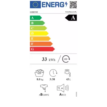 Gorenje WG2P84A32/PL vrijstaande wasmachine met voorlader, 8 kg, 1400 t/min, energieklasse A, wit