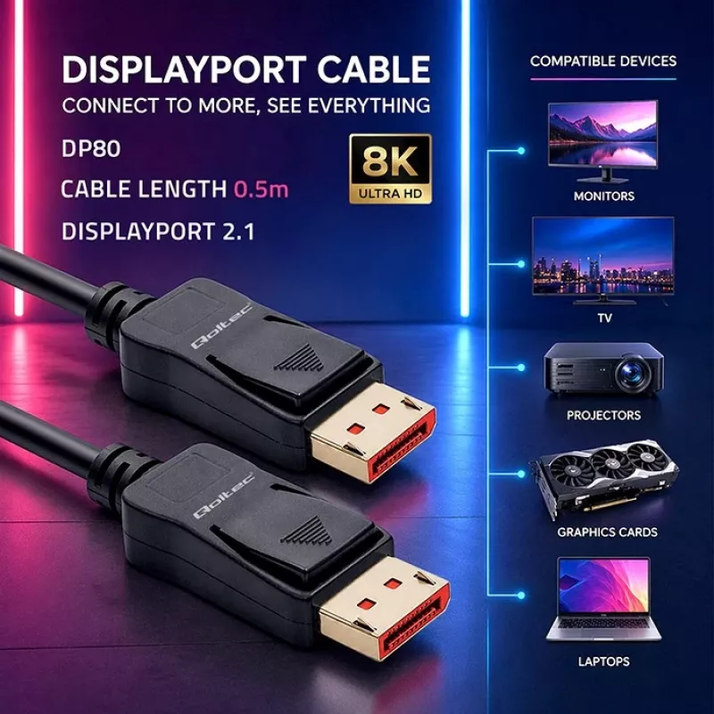 QOLTEC DisplayPort-kabel M/M v2.1 54G 0,5 m