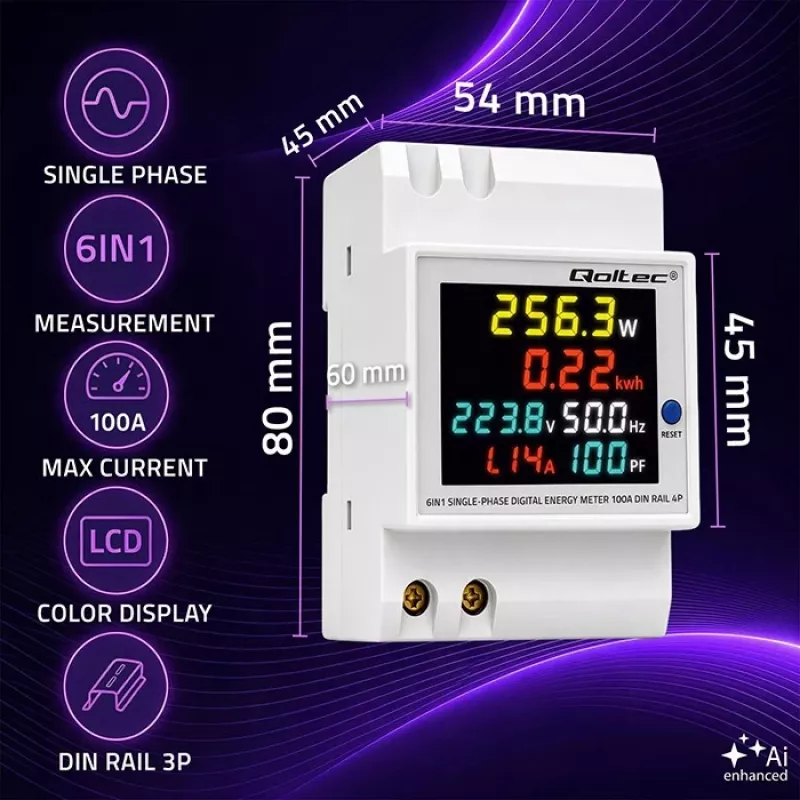 Qoltec Eenfasige 6-in-1 energiemeter voor DIN-rail met 100A CT, 230V, LCD, pulsuitgang