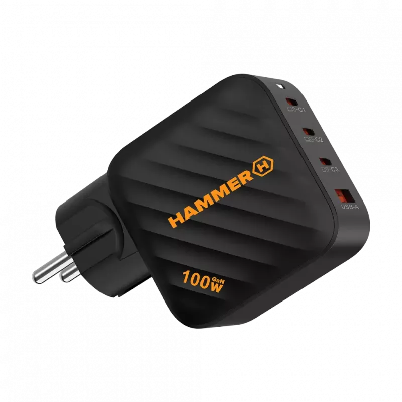 HAMMER RapidCharge 100W GaN-voeding, 2x USB-C PD 100W + 1x USB-A QC 30W, zwart