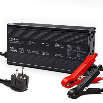 Qoltec LiFePO4 batterijlader 12V 30A met LED-indicatoren en intelligent 3-traps laadproces