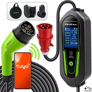 Qoltec Type 2 EV-lader met instelbare stroom, 7 kW, 230 V, CEE 32 A, Wi-Fi, Tuya Smart Life, LCD, 5 m kabel