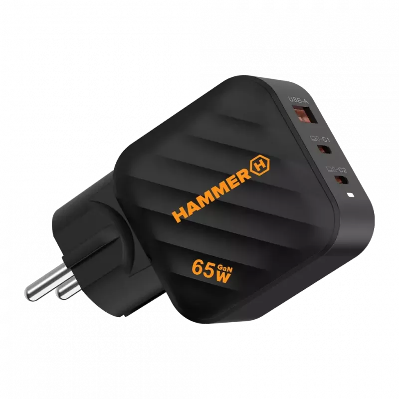 HAMMER RapidCharge 65W GaN-voeding - 2x USB-C PD, 1x USB-A QC, zwart
