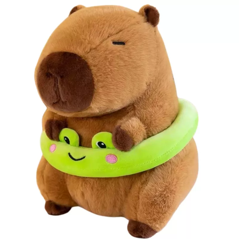 LEAN TOYS Pluchen Capybara met Groene Reddingsband en Kikker, Bruin, 20 cm
