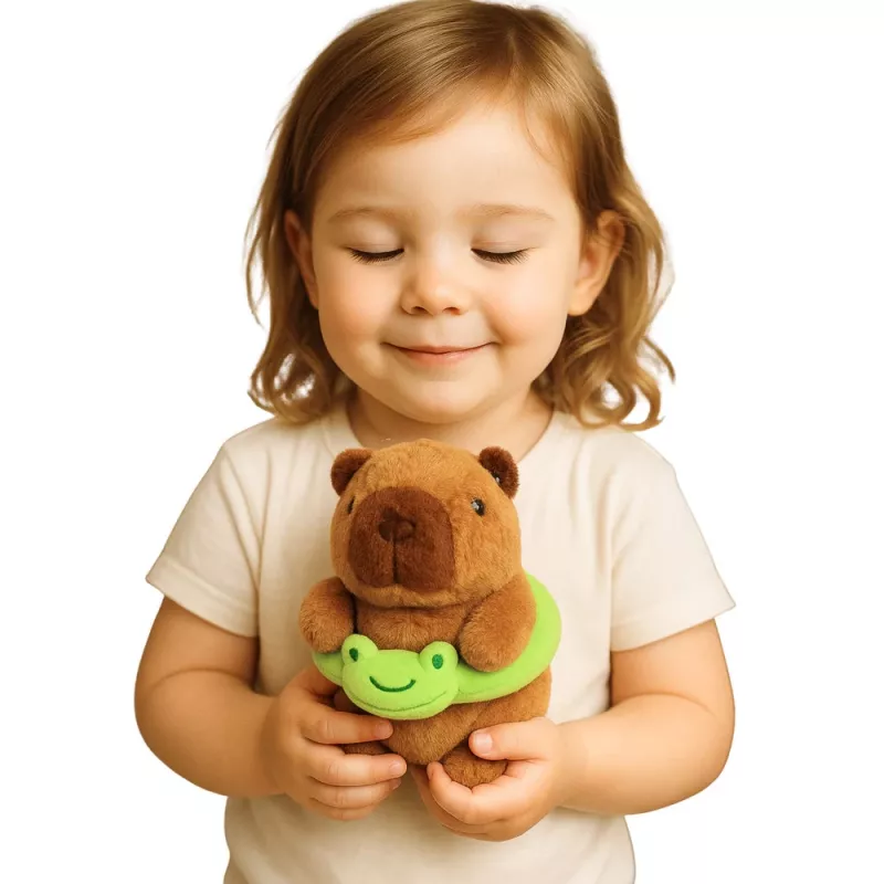 LEAN TOYS Pluchen Capybara met Groene Reddingsband en Kikker, Bruin, 20 cm