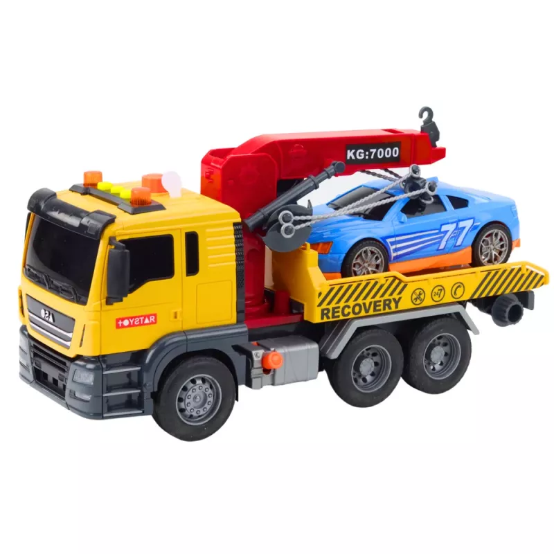 LEAN TOYS takelwagen met kraan en raceauto – licht- en geluidsspeelset