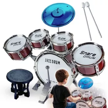 Suprimo K-Drums 1 kinderdrumstel met 5 trommels, bekkens, kruk en stokken, rood