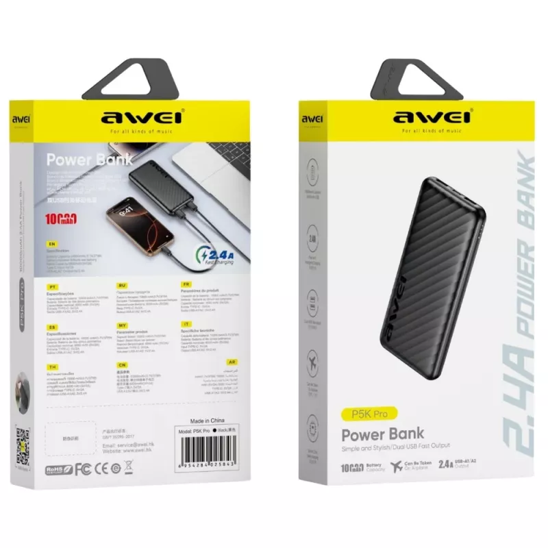 AWEI powerbank 10000mAh P5K Pro 2xUSB - zwart