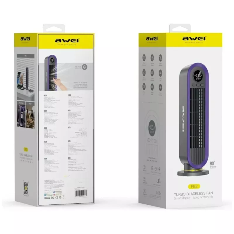 AWEI F52 draagbare torenventilator 3600mAh USB-C oplaadbaar grijs
