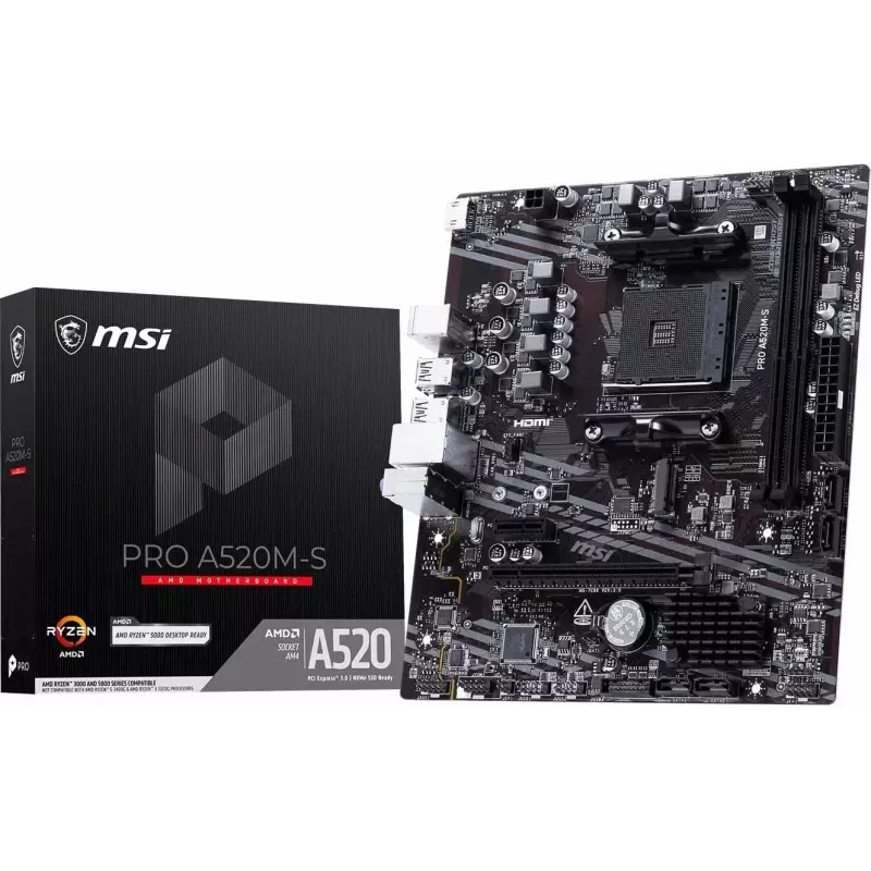 MSI A520M-S AMD A520 AM4 micro-ATX-moederbord - DDR4, HDMI, DVI, VGA, gigabit-LAN