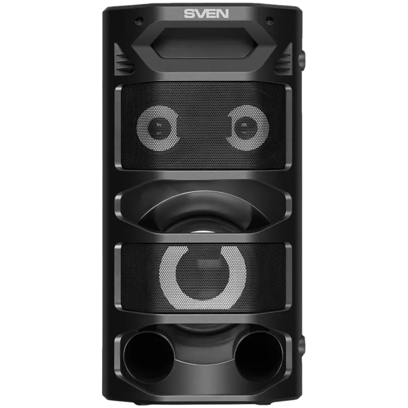 2.0 draagbare luidspreker SVEN PS-670, zwart, vermogen 2x32,5 W (RMS), TWS, Bluetooth, FM, USB, microSD, LED-display, afstandsbediening, lithiumaccu