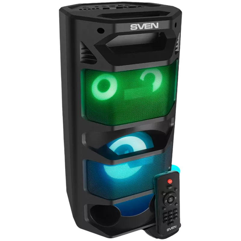 2.0 draagbare luidspreker SVEN PS-670, zwart, vermogen 2x32,5 W (RMS), TWS, Bluetooth, FM, USB, microSD, LED-display, afstandsbediening, lithiumaccu
