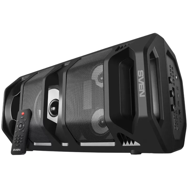 2.0 draagbare luidspreker SVEN PS-670, zwart, vermogen 2x32,5 W (RMS), TWS, Bluetooth, FM, USB, microSD, LED-display, afstandsbediening, lithiumaccu