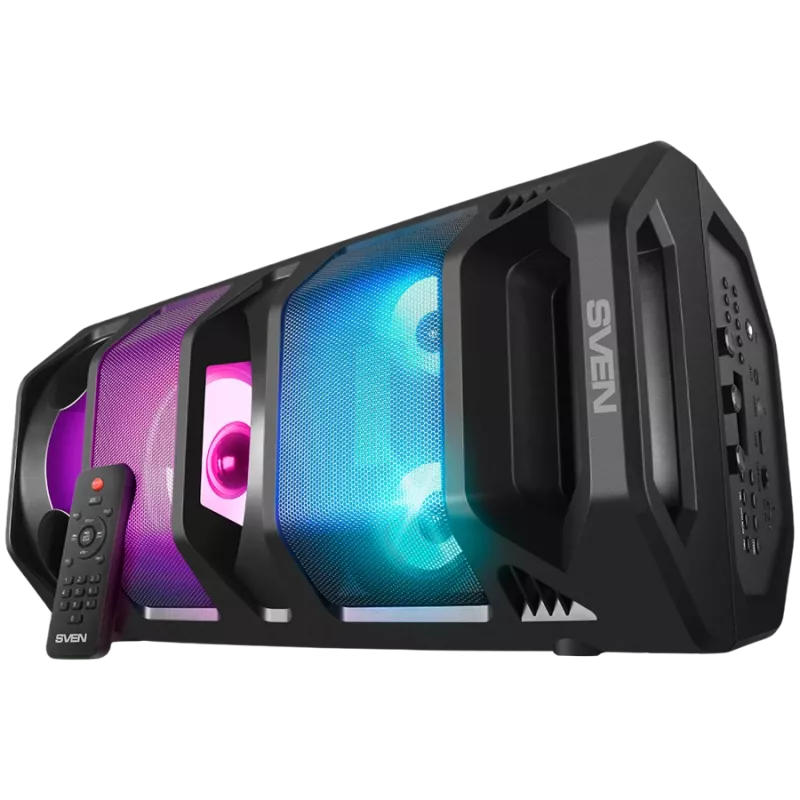 2.0 draagbare luidspreker SVEN PS-670, zwart, vermogen 2x32,5 W (RMS), TWS, Bluetooth, FM, USB, microSD, LED-display, afstandsbediening, lithiumaccu