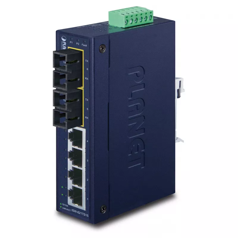 PLANET ISW-621TS15 industriële unmanaged L2 Fast Ethernet-switch met 4x 10/100 + 2x 100Base-FX SC multimode, DIN-rail-/wandmontage, -40 tot 75 °C