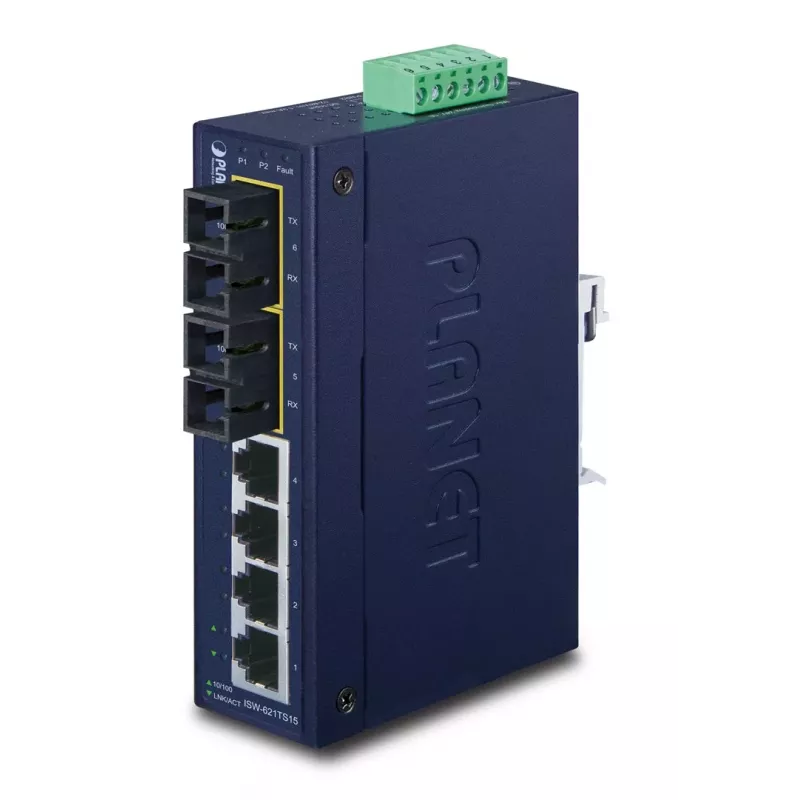 PLANET ISW-621TS15 industriële unmanaged L2 Fast Ethernet-switch met 4x 10/100 + 2x 100Base-FX SC multimode, DIN-rail-/wandmontage, -40 tot 75 °C