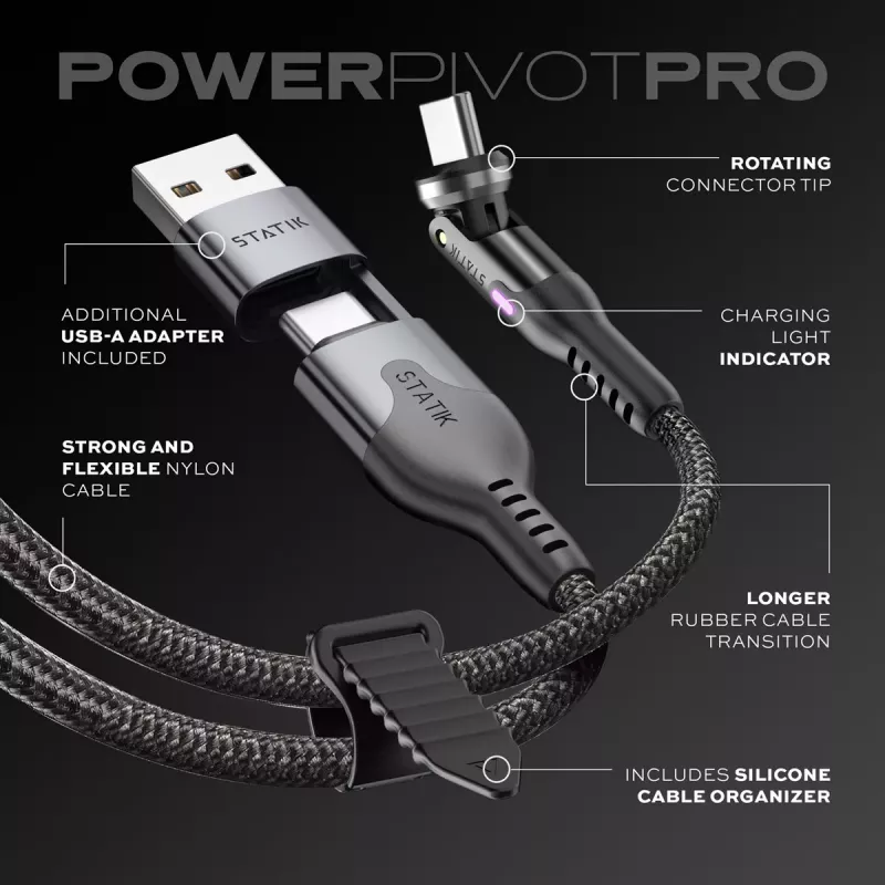STATIK PowerPivot Pro nylon gevlochten USB-C naar USB-C-kabel 3m zwart