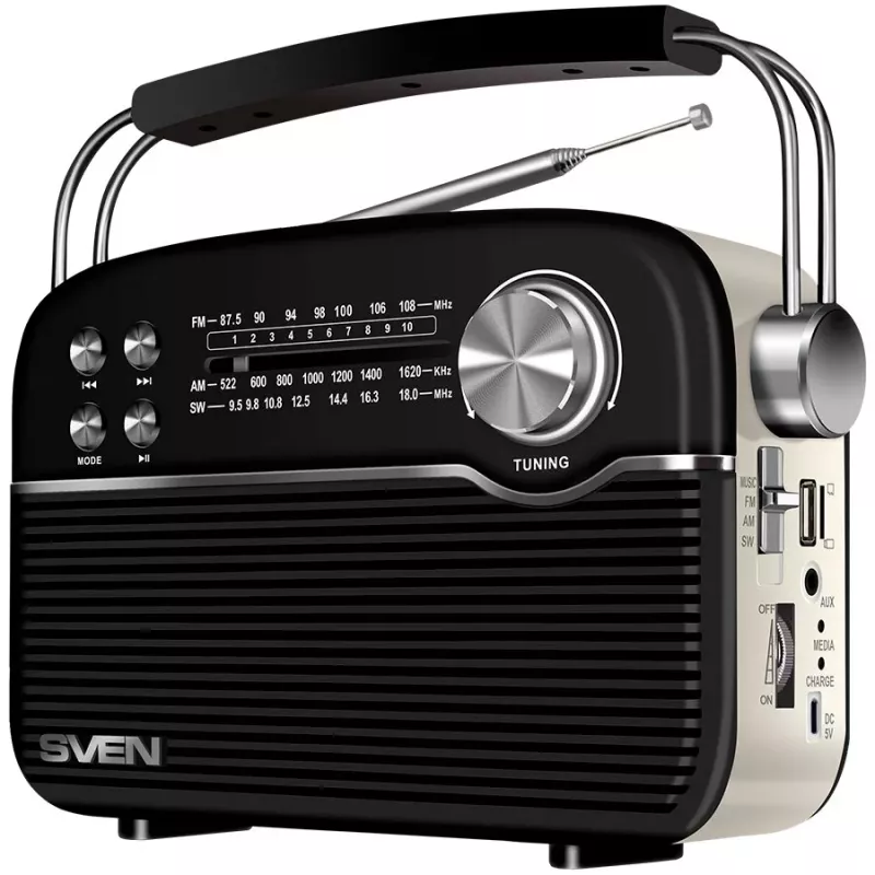 Luidspreker SVEN SRP-500, zwart (3W, Bluetooth, FM/AM/SW, USB, microSD, AUX, accu)