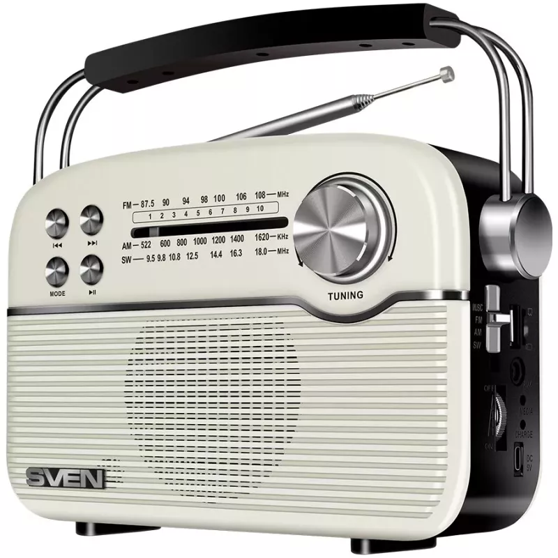 SVEN SRP-500 Draagbare Bluetooth-luidspreker, wit (3W, FM/AM/SW-radio, USB, microSD, AUX, accu)