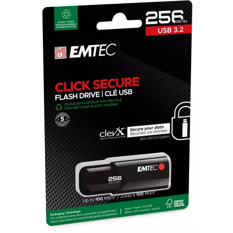 Emtec USB 3.2 Click Secure B120 256GB USB-stick zwart