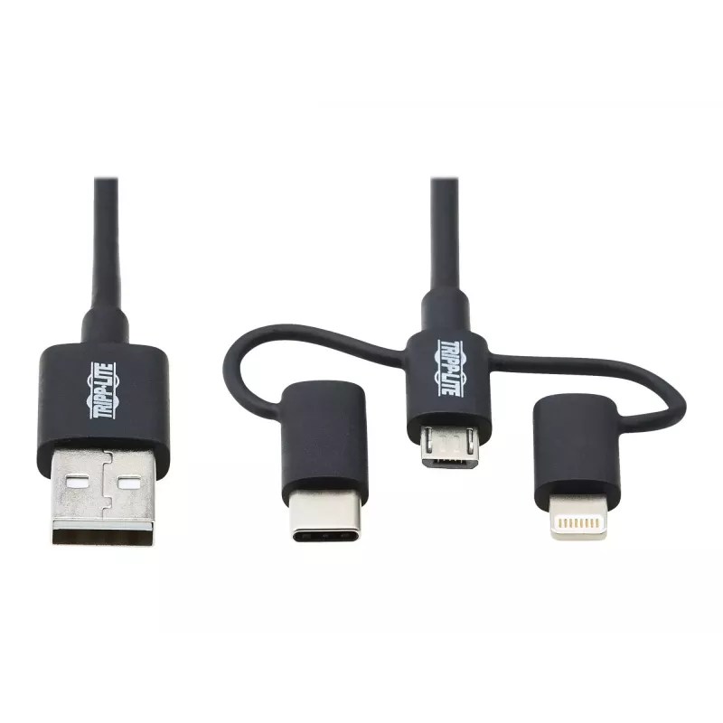 Eaton Tripp Lite Series universele USB-A naar Lightning, USB Micro-B en USB-C sync-/laadkabel (M/3xM), MFi-gecertificeerd, zwart, 1,8 m