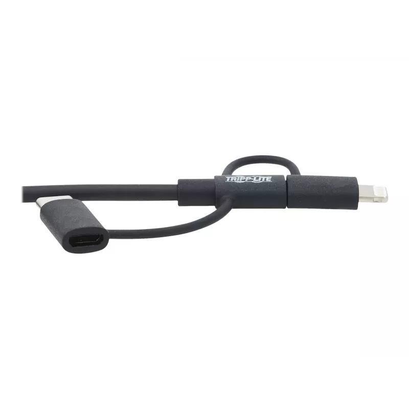 Eaton Tripp Lite Series universele USB-A naar Lightning, USB Micro-B en USB-C sync-/laadkabel (M/3xM), MFi-gecertificeerd, zwart, 1,8 m