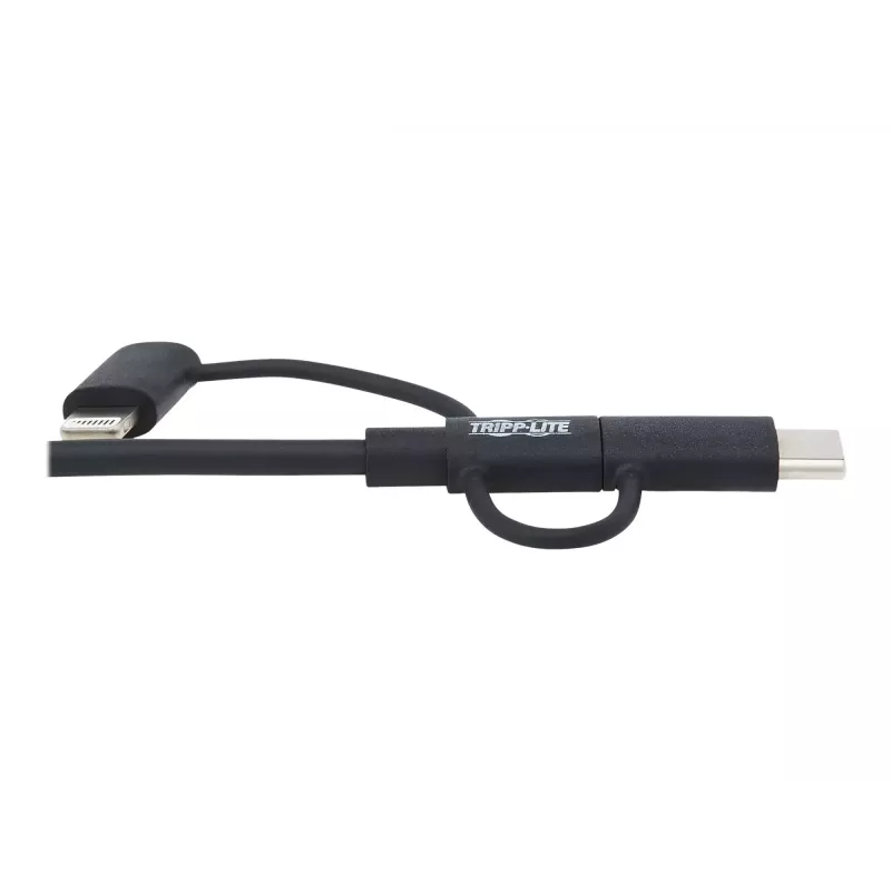 Eaton Tripp Lite Series universele USB-A naar Lightning, USB Micro-B en USB-C sync-/laadkabel (M/3xM), MFi-gecertificeerd, zwart, 1,8 m