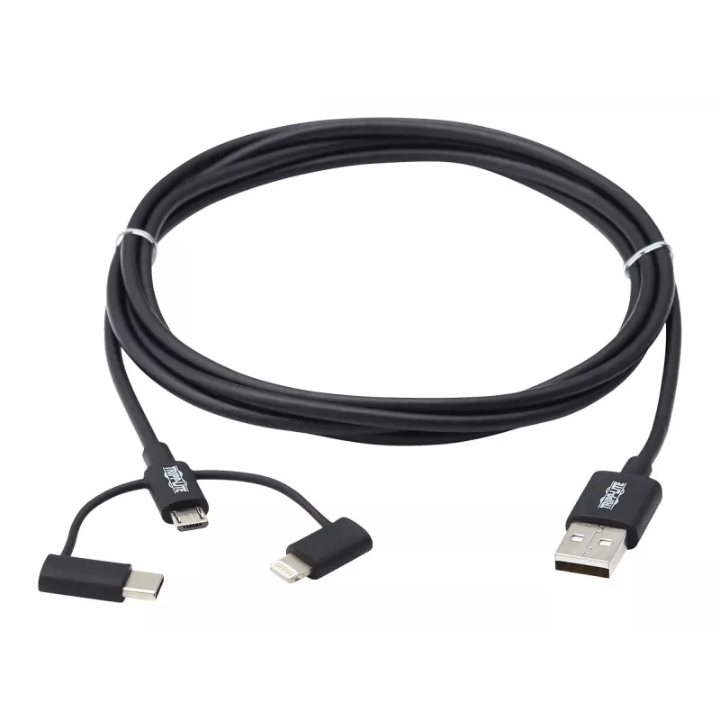Eaton Tripp Lite Series universele USB-A naar Lightning, USB Micro-B en USB-C sync-/laadkabel (M/3xM), MFi-gecertificeerd, zwart, 1,8 m