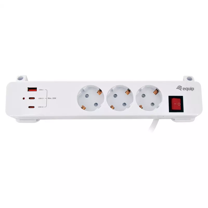 Equip Stekkerdoos CEE 7/7 90° naar 3x Schuko / 2x USB-C + USB-A, Wit, 1,5m