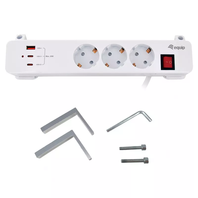Equip Stekkerdoos CEE 7/7 90° naar 3x Schuko / 2x USB-C + USB-A, Wit, 1,5m