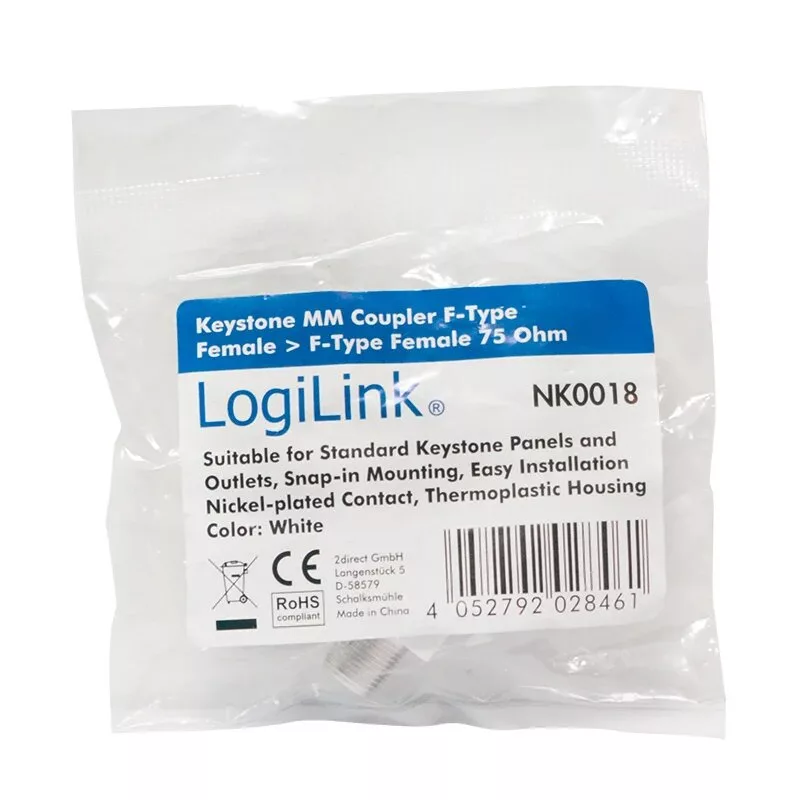 LogiLink Keystone in-line coupler F bus naar F bus 75 ohm wit