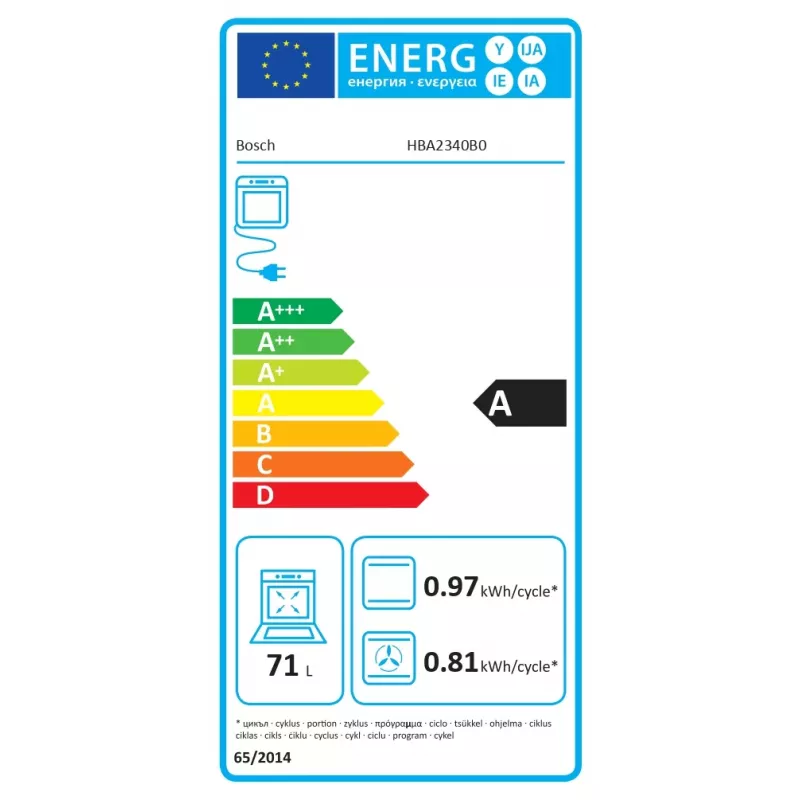 Bosch HBA2340B0 inbouwoven, 71 L, energieklasse A, zwart