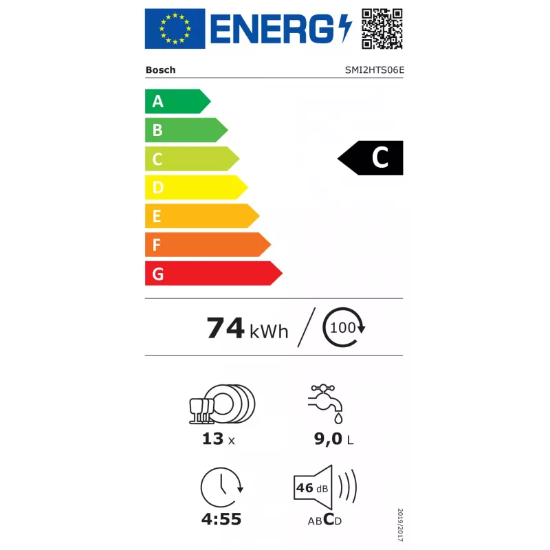 BOSCH SMI2HTS06E half-geïntegreerde vaatwasser, energieklasse C, 60 cm, 46 dB, 9,5 L, 5 programma's, Vario-korven, RVS