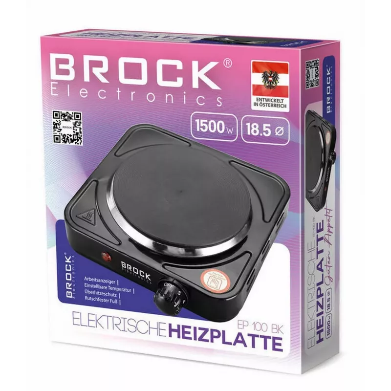 Brock EP 100 BK enkele elektrische kookplaat, 1500 W, zwart